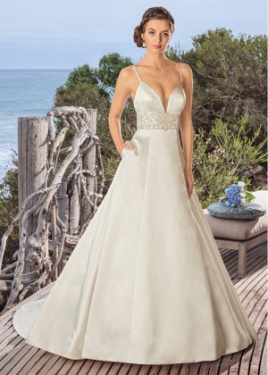 Beaded Double Straps Ivory Satin Corset Back Fashion Wedding Dress